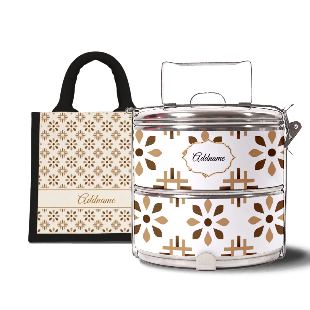 Moroccan Series - Arabesque Tawny Brown - Lunch Tote Bag with Two-Tier Tiffin Carrier