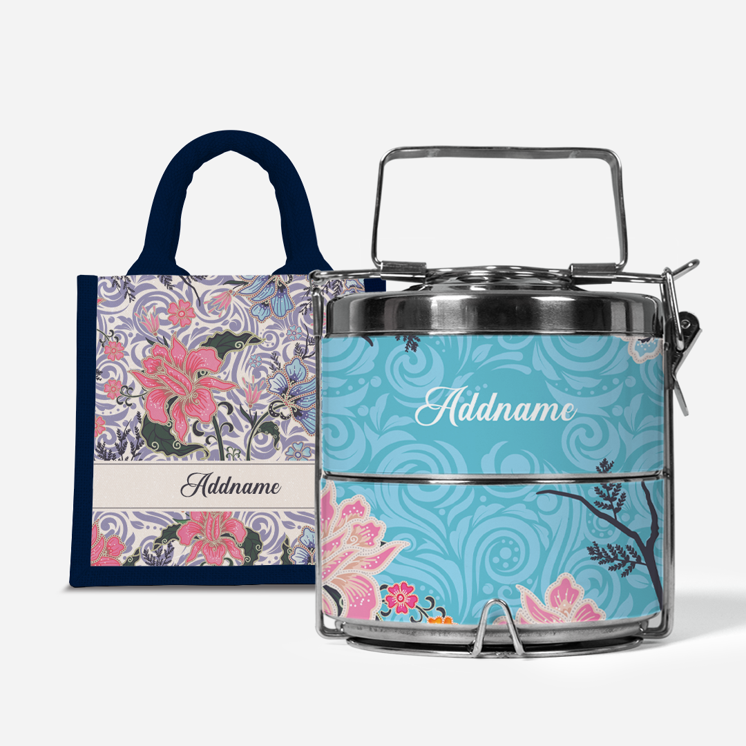 Modern Mahsuri Blue - Lunch Tote Bag with Two-Tier Tiffin Carrier
