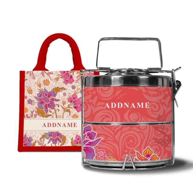 Modern Mahsuri Red - Lunch Tote Bag with Two-Tier Tiffin Carrier