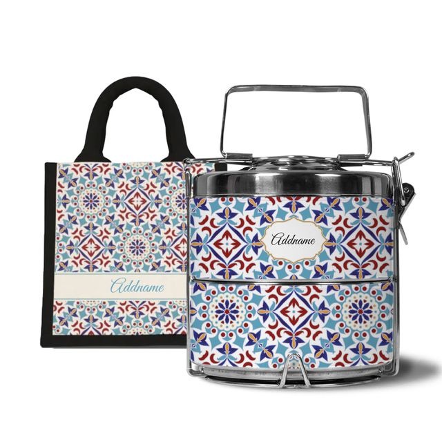 Moroccan Series - Arabesque Agean Blue - Lunch Tote Bag with Two-Tier Tiffin Carrier