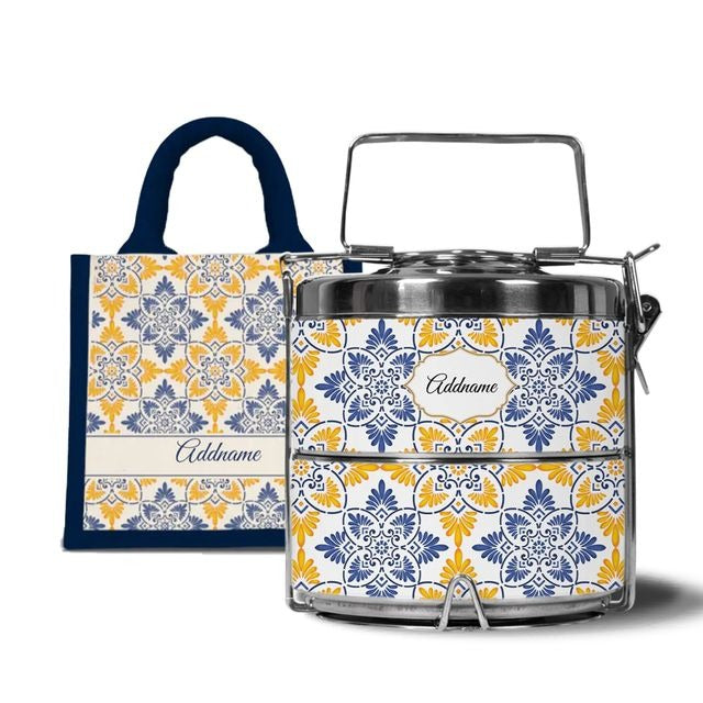 Moroccan Series - Arabesque Butter Blue  - Lunch Tote Bag with Two-Tier Tiffin Carrier