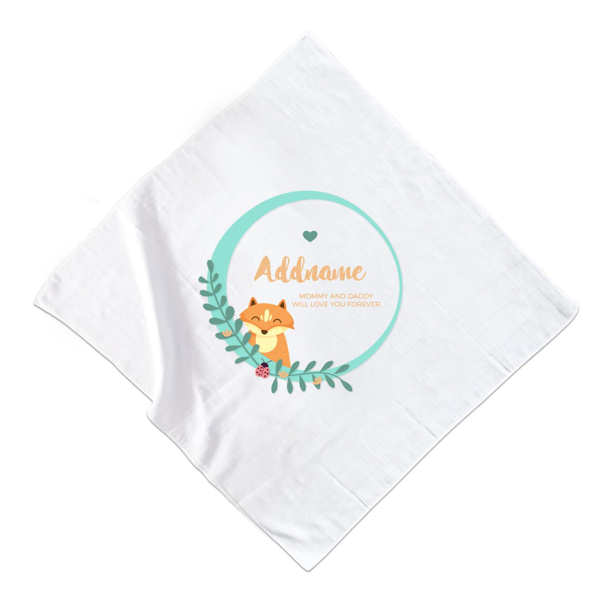Cute Brown Fox in Turqoise Ring Personalizable with Name and Text Muslin Square