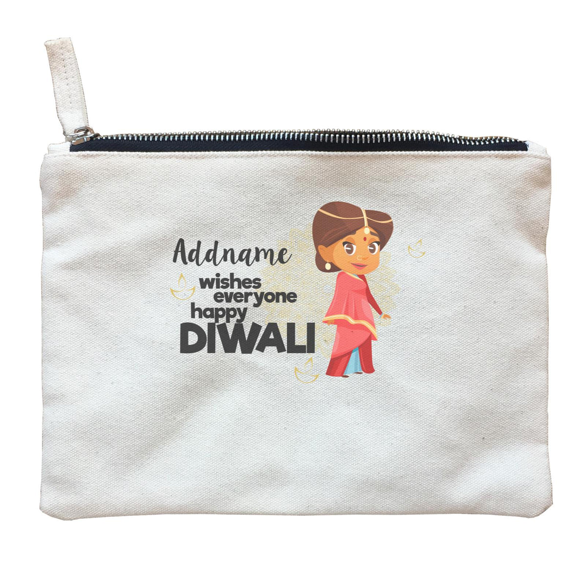 Cute Woman Wishes Everyone Happy Diwali Addname Zipper Pouch