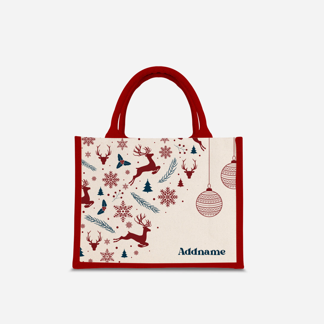 Christmas Series Half Lining Small Jute Bag - Jubilant Reindeers Red