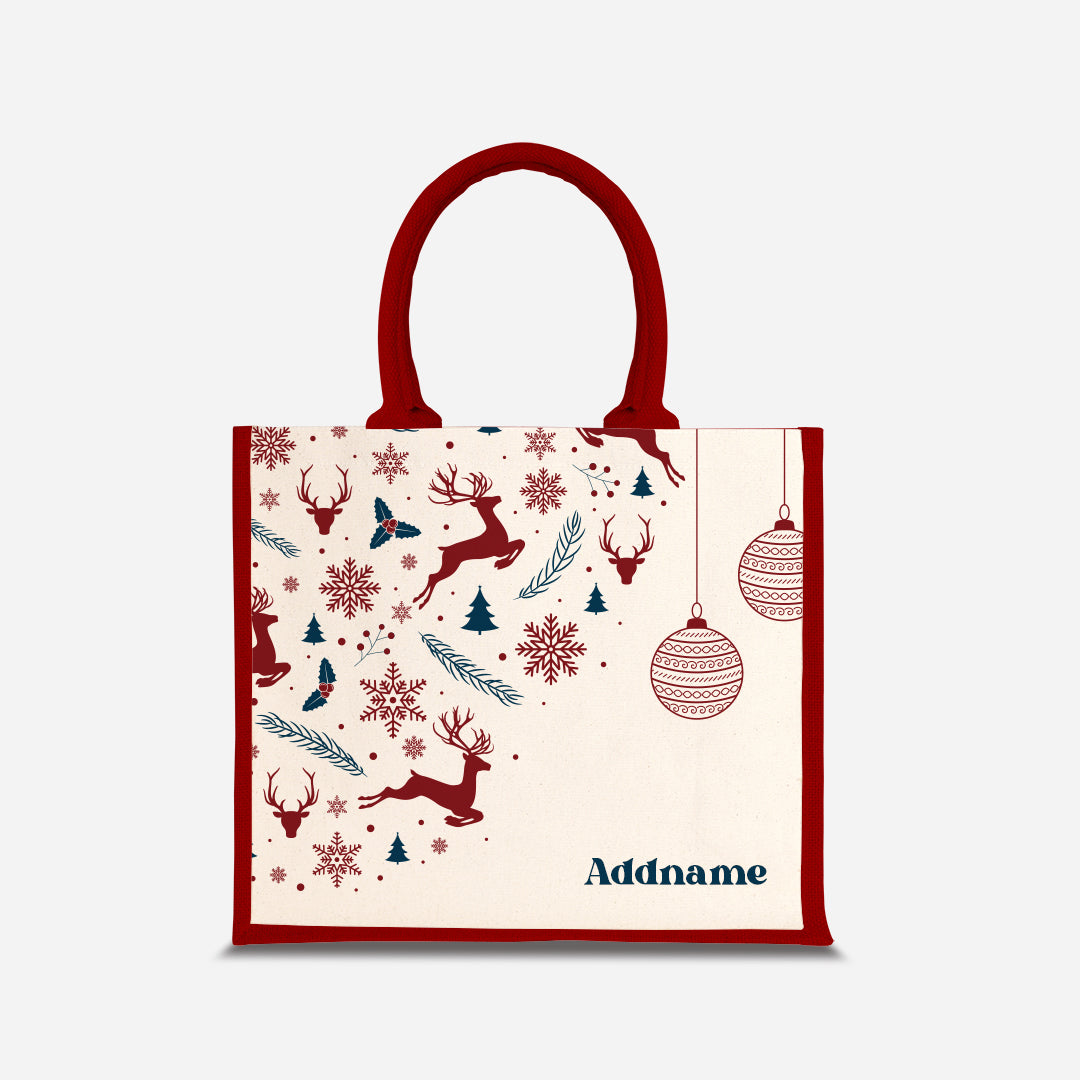 Christmas Series Half Lining Jute Bag - Jubilant Reindeers Red