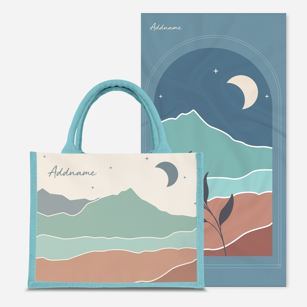 Kaira Series Prayer Mat with Half Lining Small Jute Bag-Azraq