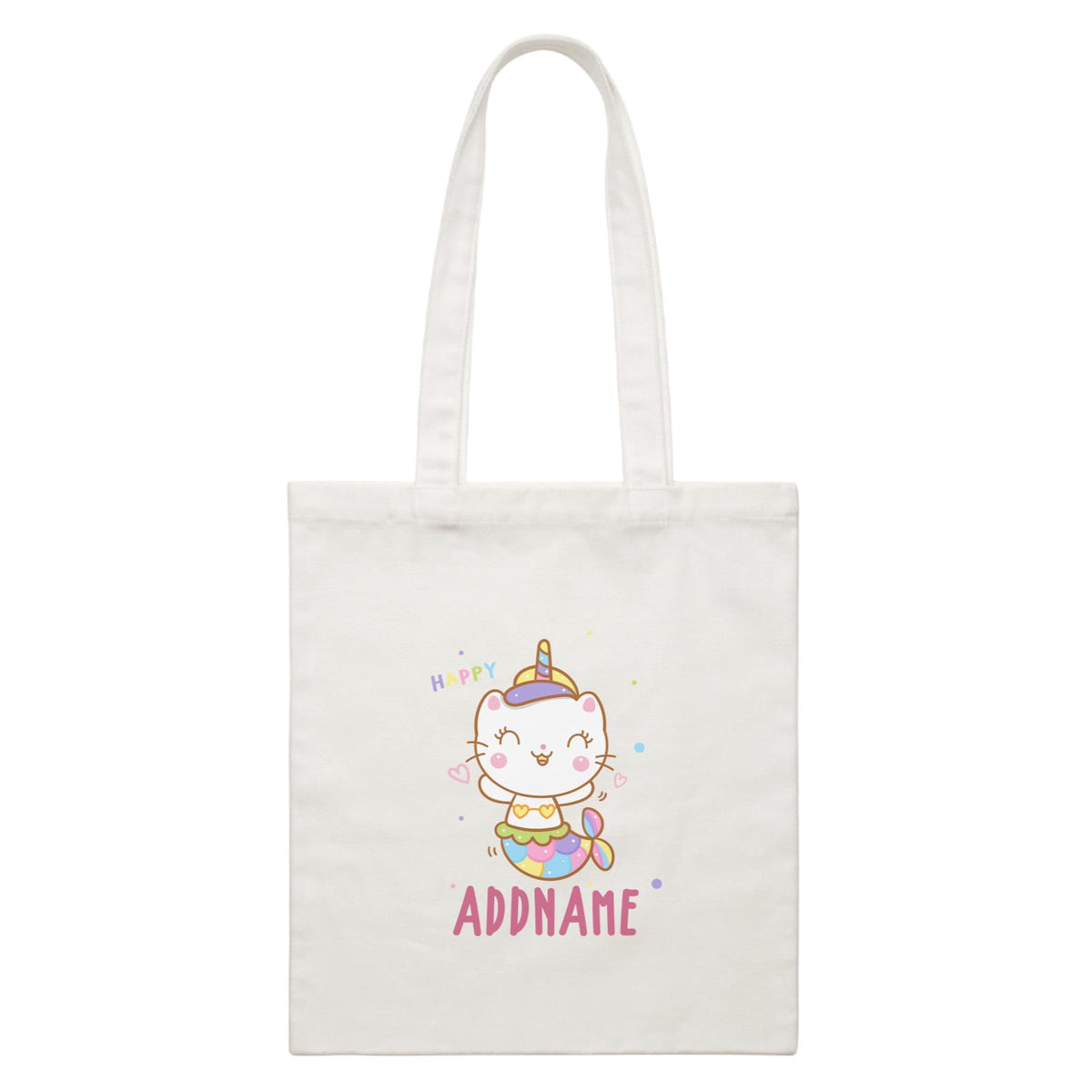Unicorn And Princess Series Cute Happy Cat Mermaid Addname White Canvas Bag