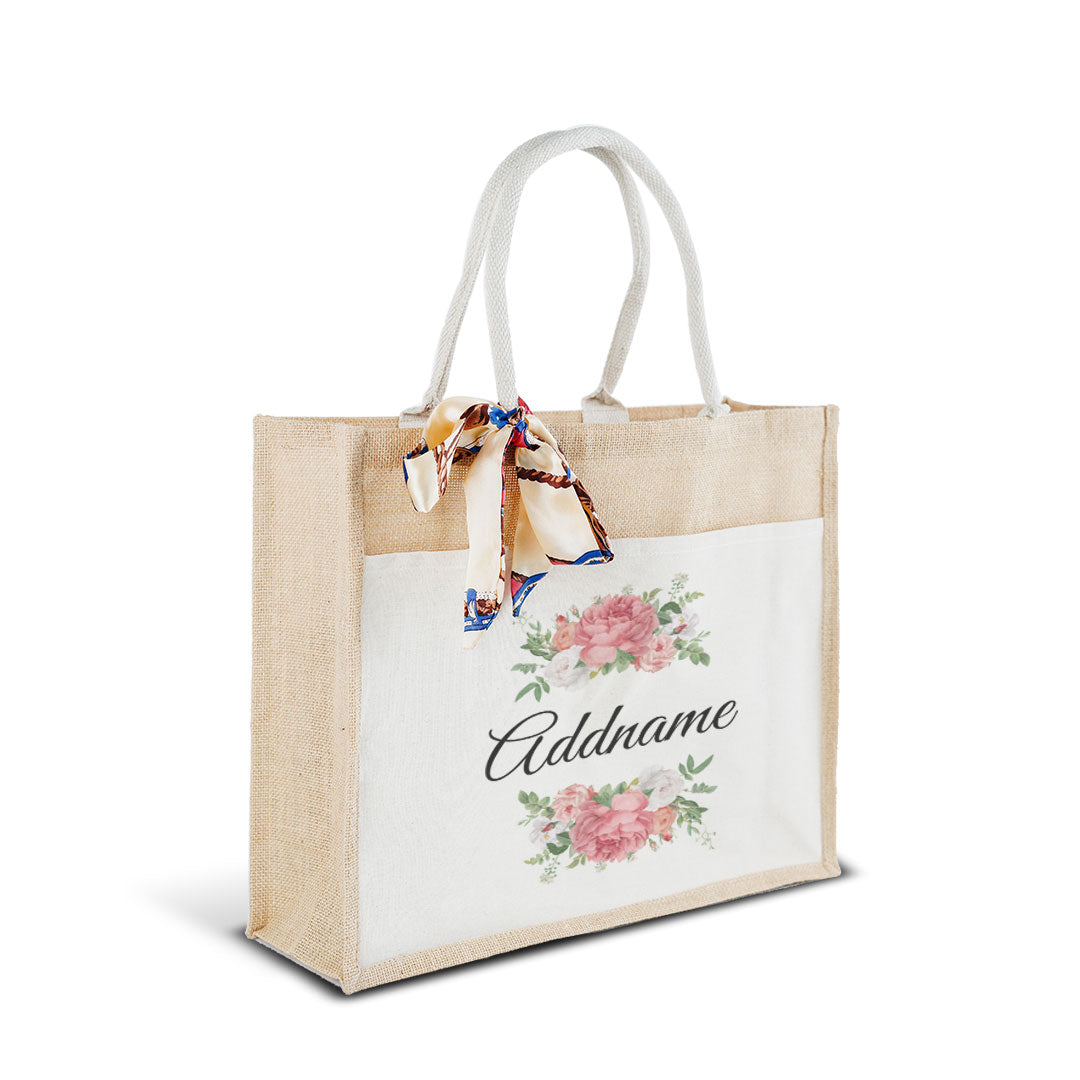 Peony Flower Jute Bag with Front Pocket