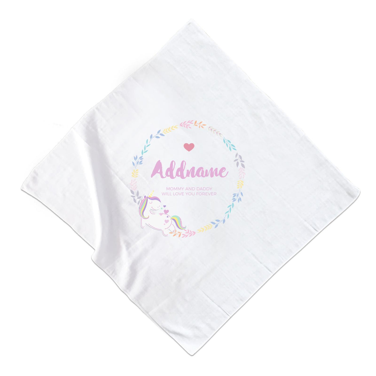 Pastel Colours Leaf Wreath with Unicorn Personalizable with Name and Text Muslin Square