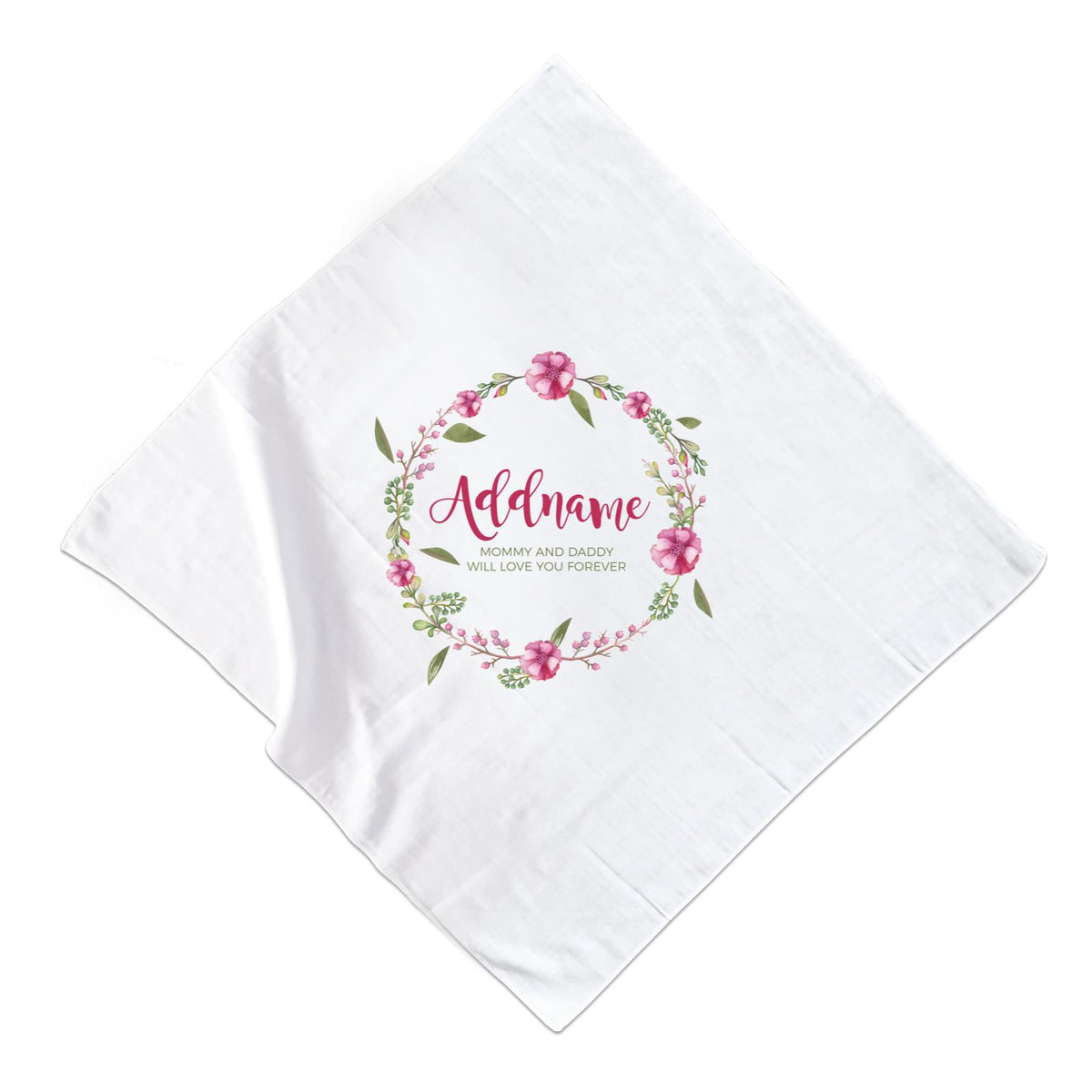 Pink Flower Wreath Personalizable with Name and Text Muslin Square