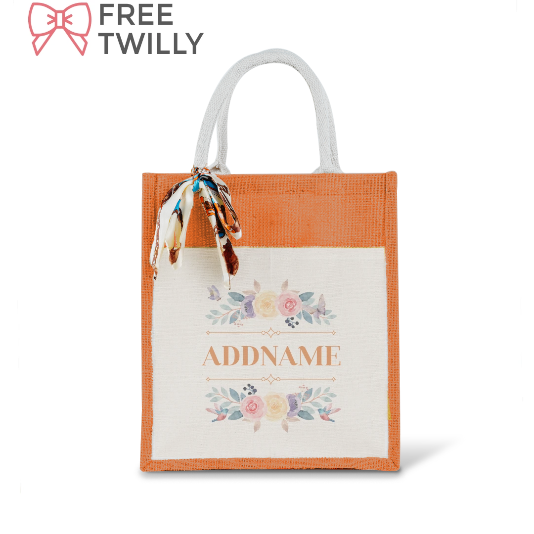 Le Fleur Series Raffinée Orange Colourful Jute Bag With Front Pocket