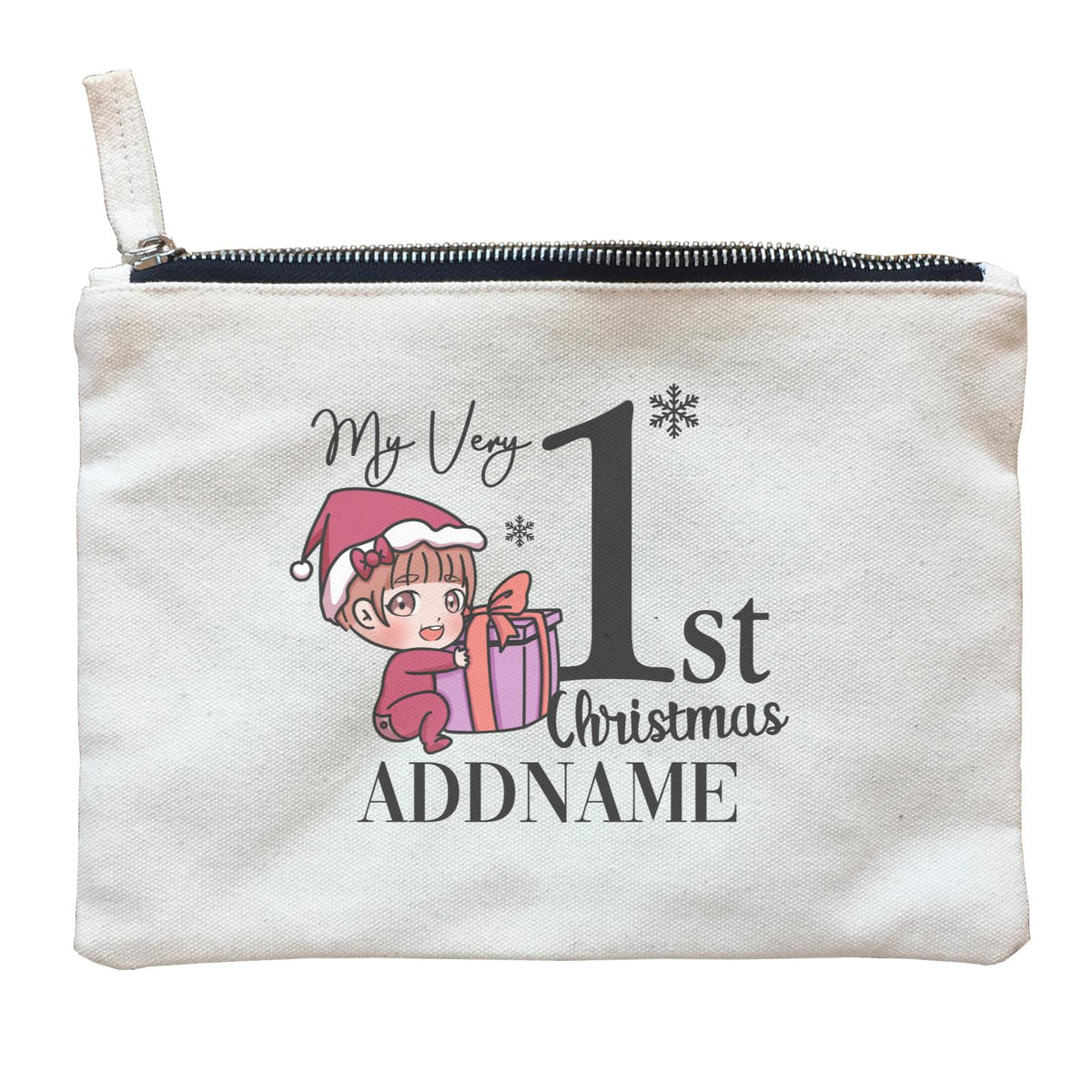 Xmas Christmas Chibi Family My Very 1st Christmas Baby Girl Holding Present Zipper Pouch