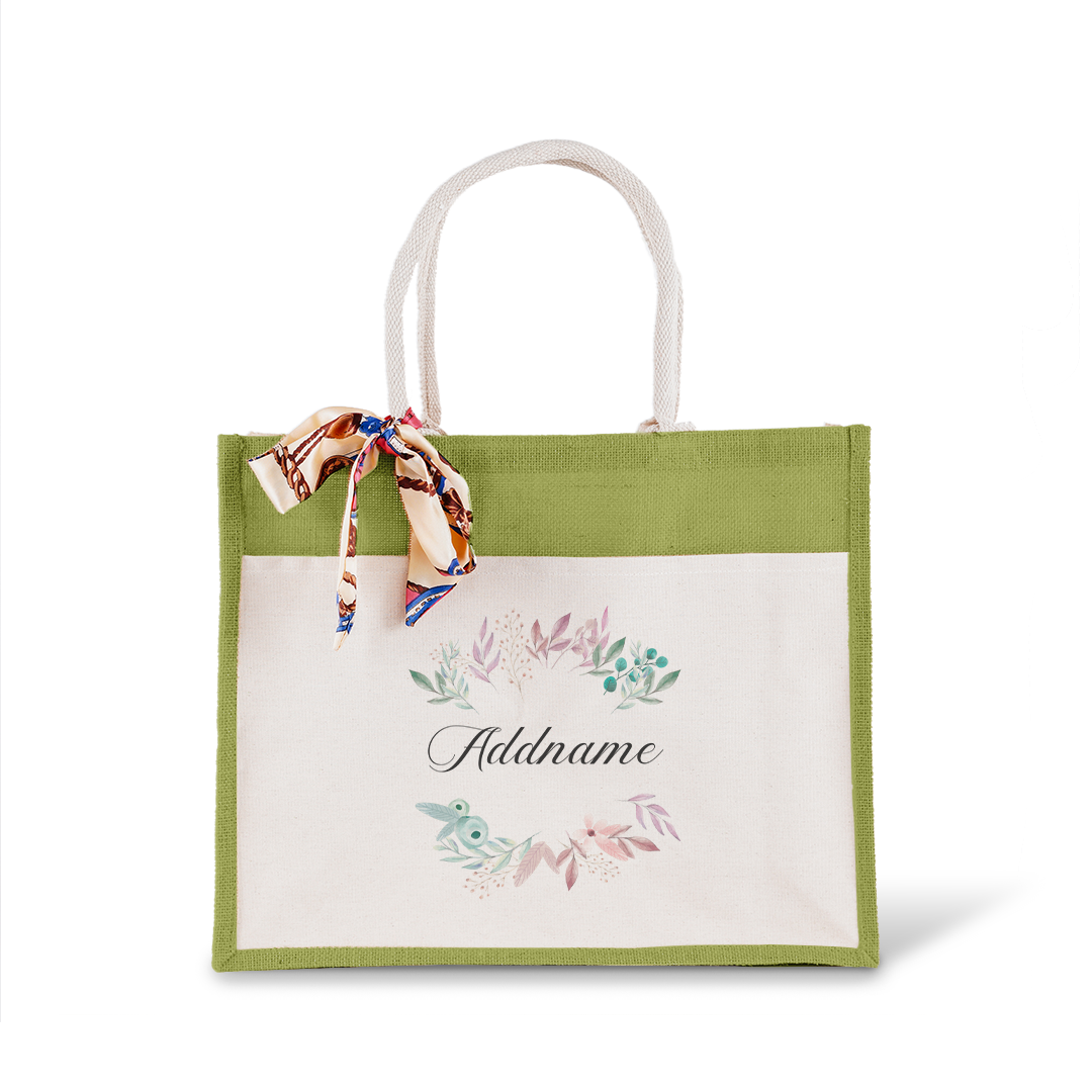 Flower Wreath With Leaves Jute Bag with Front Pocket