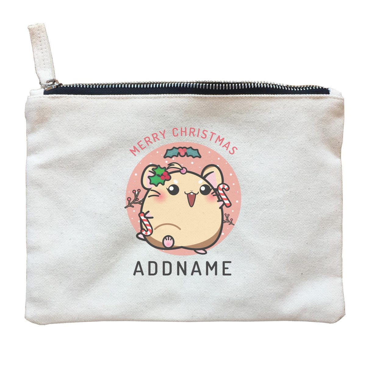 Merry Christmas Cute Santa Mistletoe Girl Hamster with Candy Cane Zipper Pouch