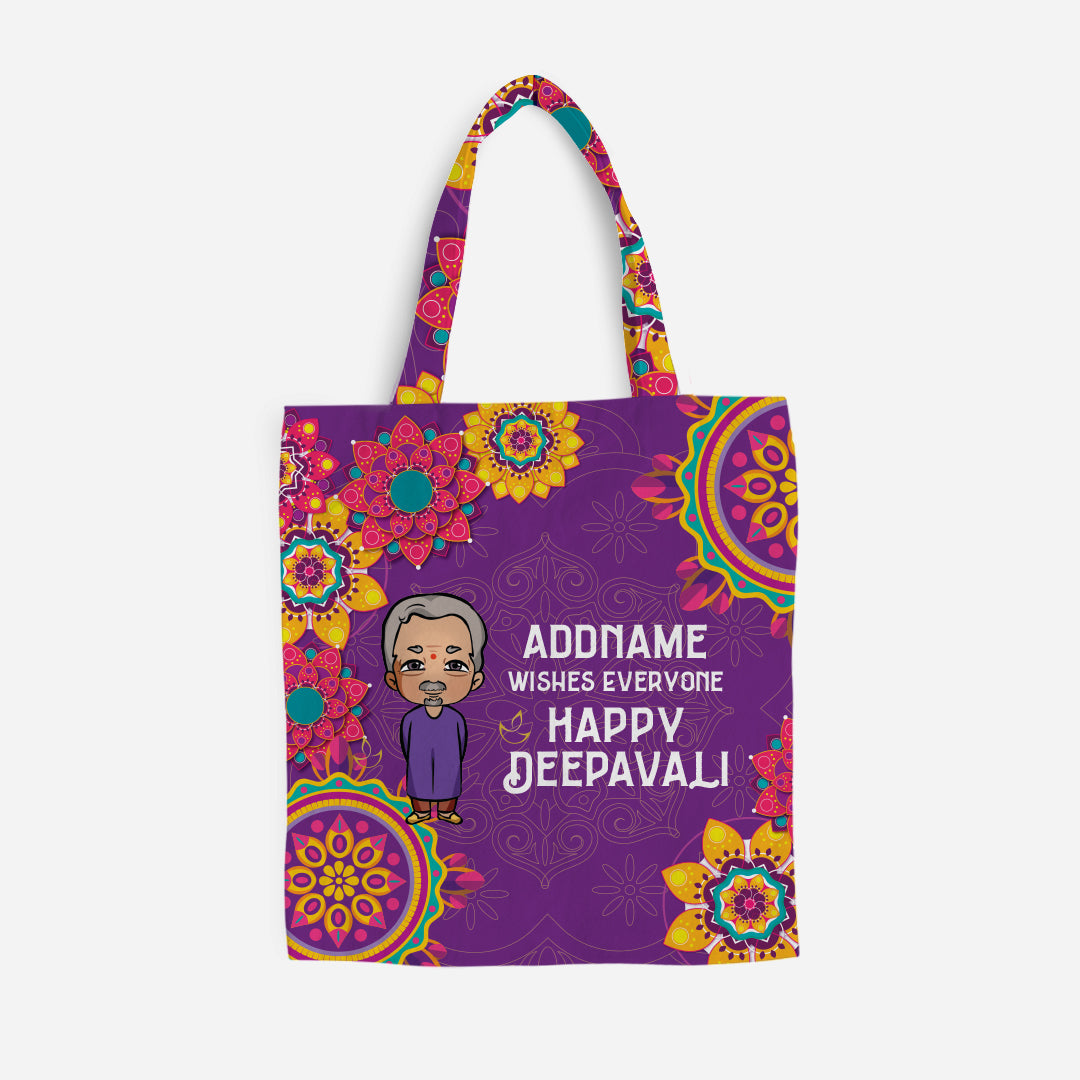 Deepavali Chibi Full Print Canvas Bag - Grandpa Addname Wishes Everyone Deepavali