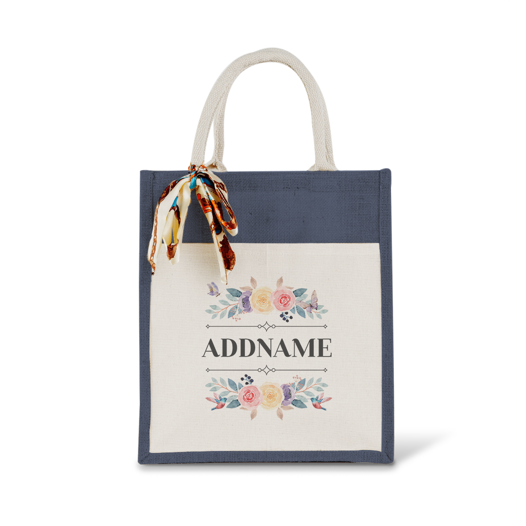 Le Fleur Series Raffinée Grey Colourful Jute Bag With Front Pocket