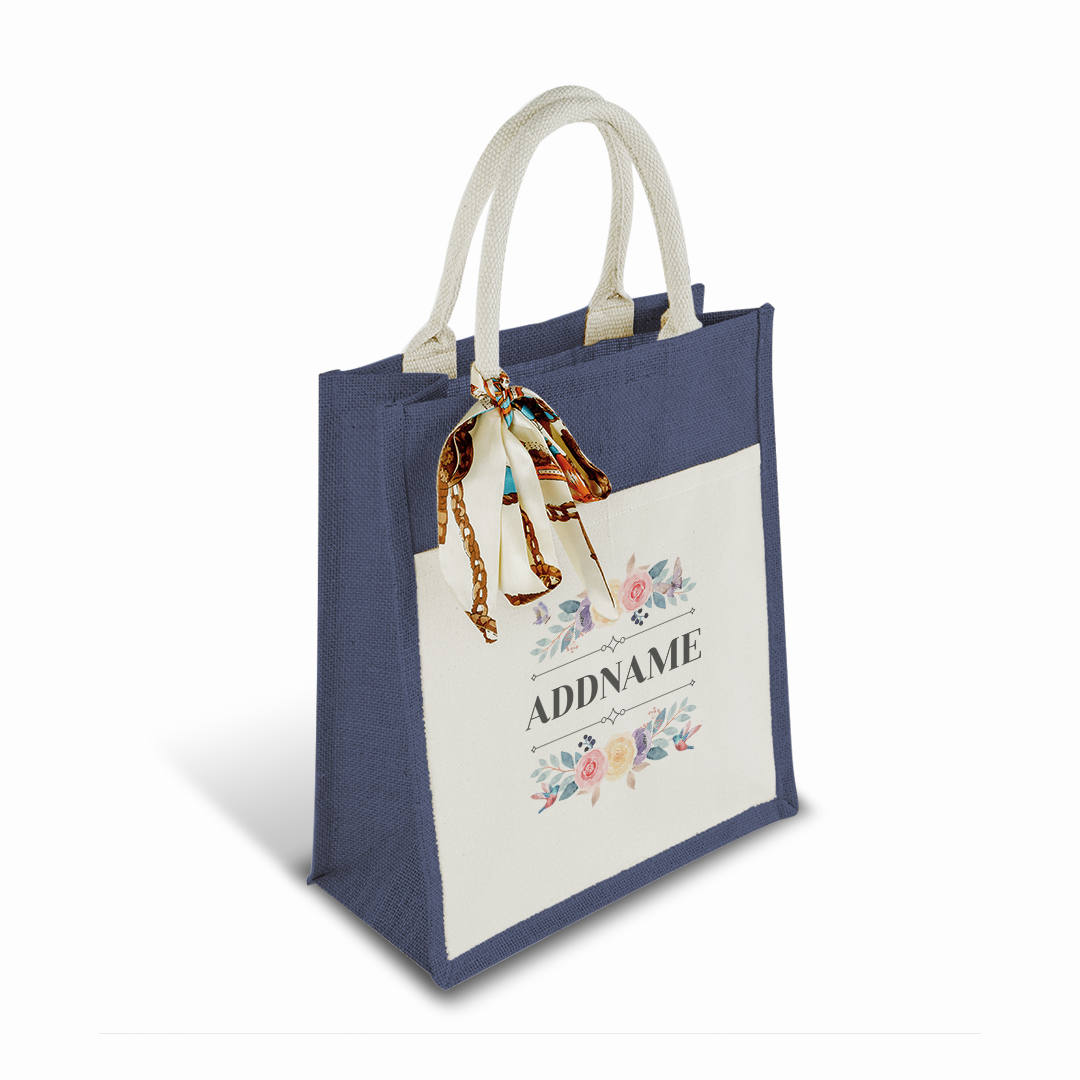 Le Fleur Series Raffinée Grey Colourful Jute Bag With Front Pocket