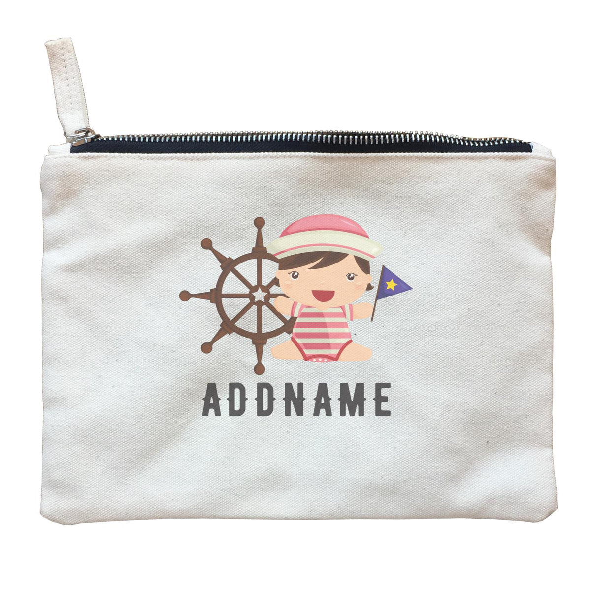 Birthday Sailor Baby Girl In Ship With Wheel Addname Zipper Pouch