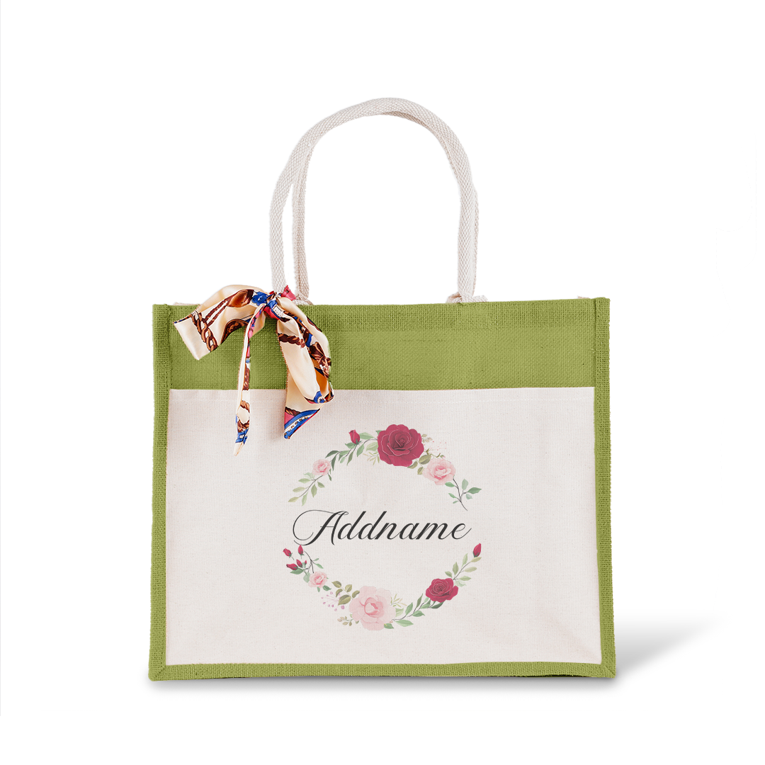 Luxurious Flower Wreath Jute Bag with Front Pocket