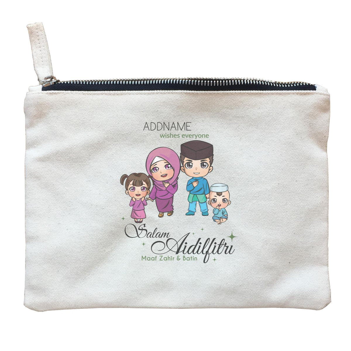 Raya Chibi Family Girl And Baby Boy Addname Wishes Everyone Salam Aidilfitri Maaf Zahir & Batin Zipper Pouch