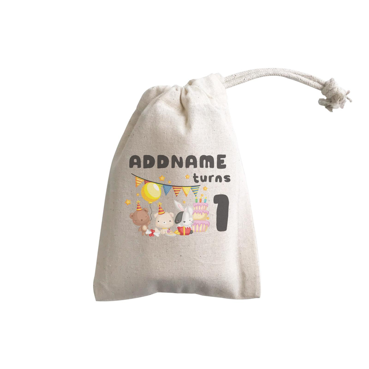 Birthday Friendly Animals Rabbit Bear And Dog Party Addname Turns 1 GP Gift Pouch