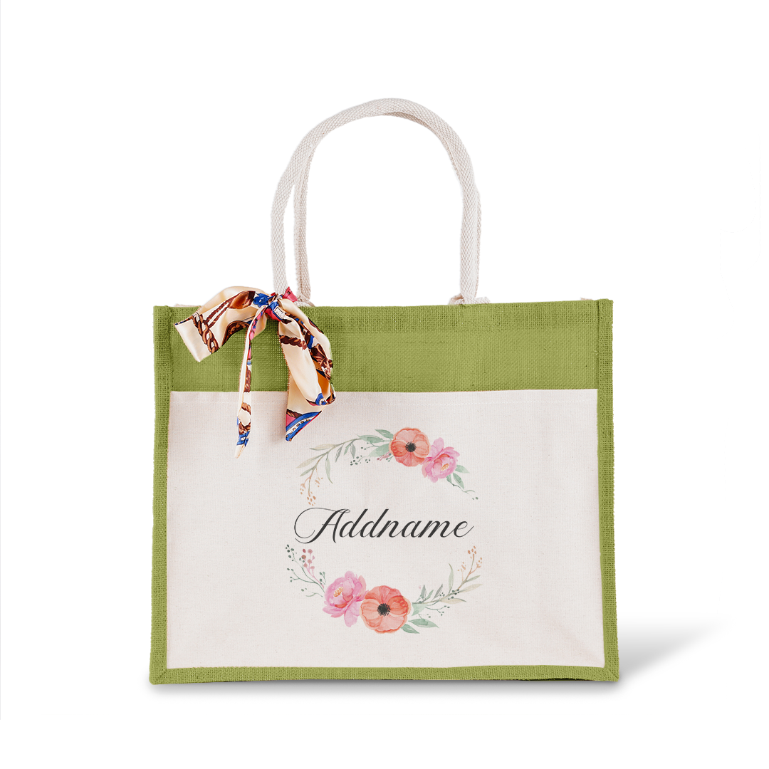 Elegant Flower Wreath Jute Bag with Front Pocket