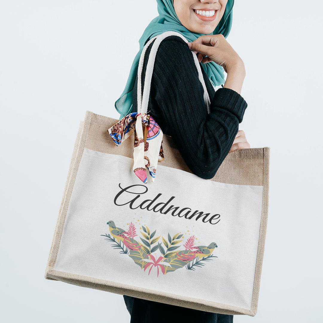 Tropical Bird Jute Bag with Front Pocket