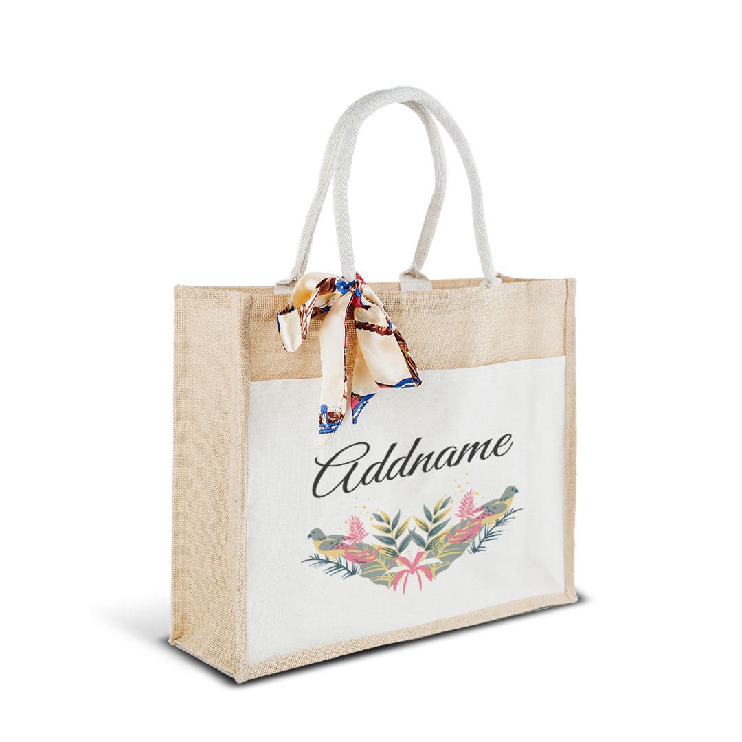 Tropical Bird Jute Bag with Front Pocket