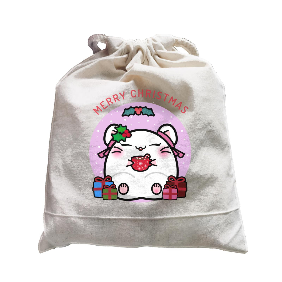 Merry Christmas Cute Santa Mistletoe Girl Hamster with Gifts Satchel