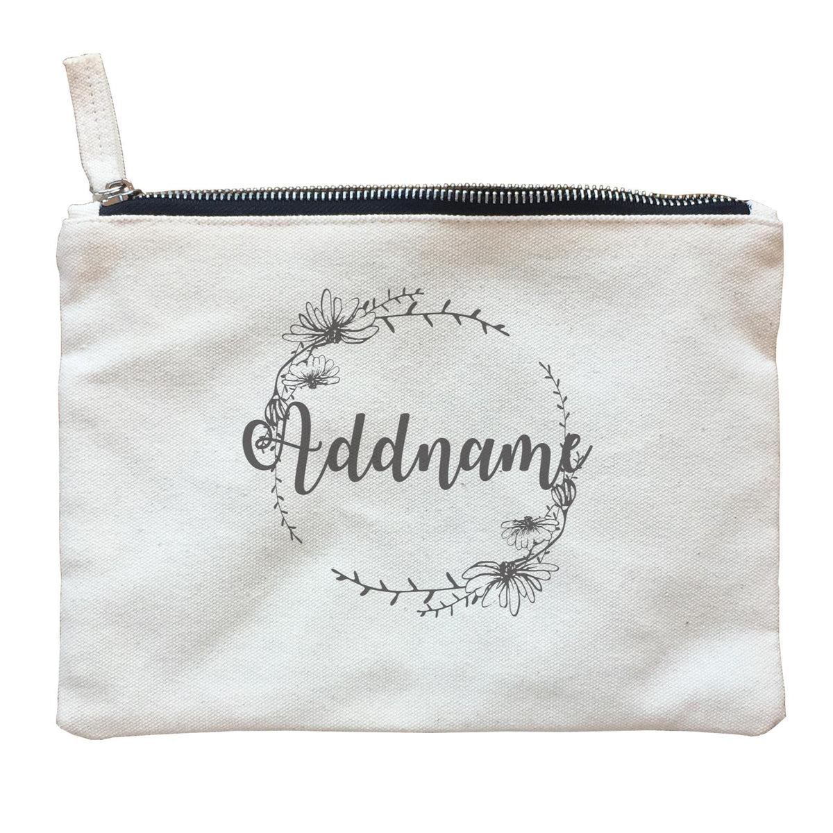 Bridesmaid Monochrome Floral and Leaves Wreath Addname Zipper Pouch