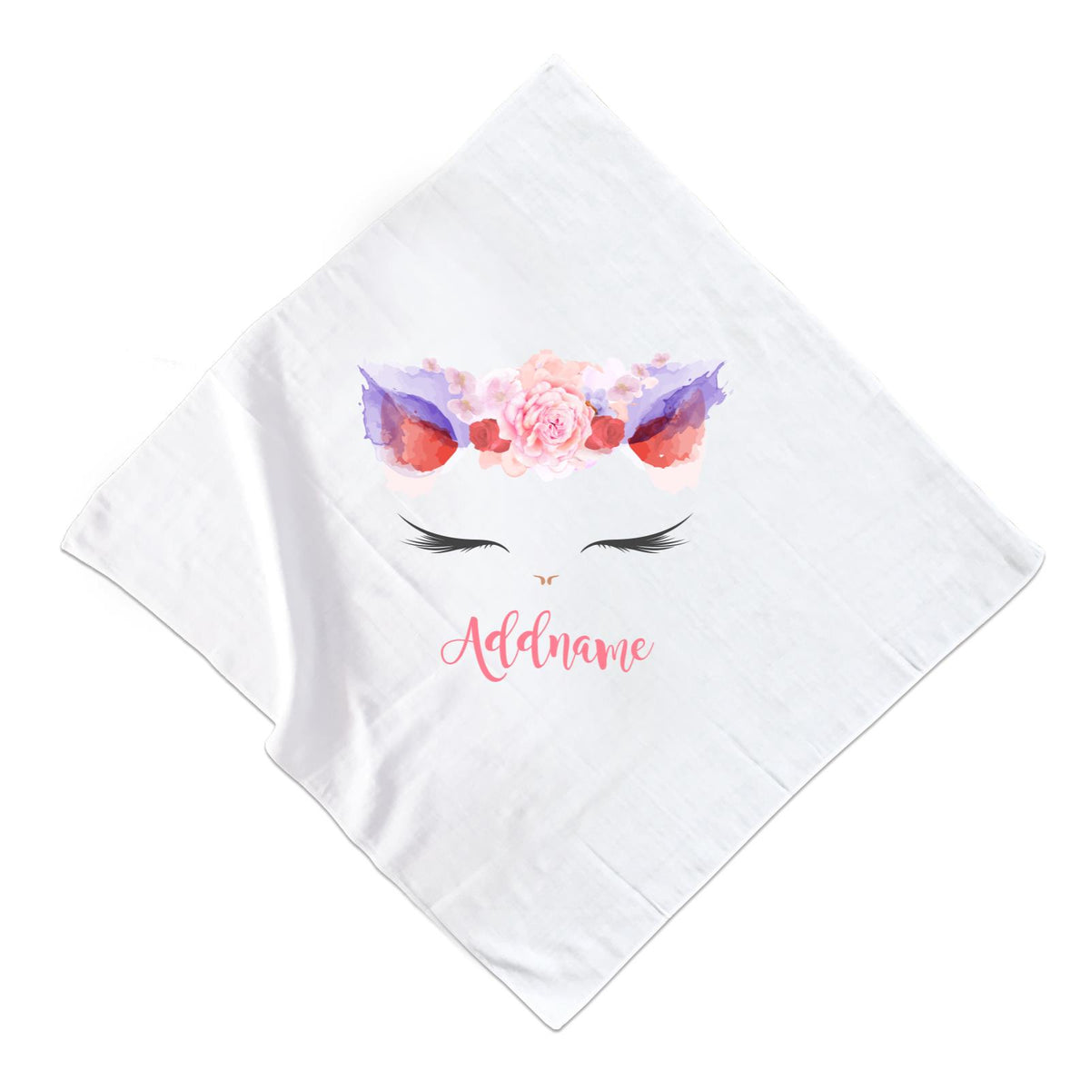 Pink and Red Roses Garland Cat Face Addname Muslin Square