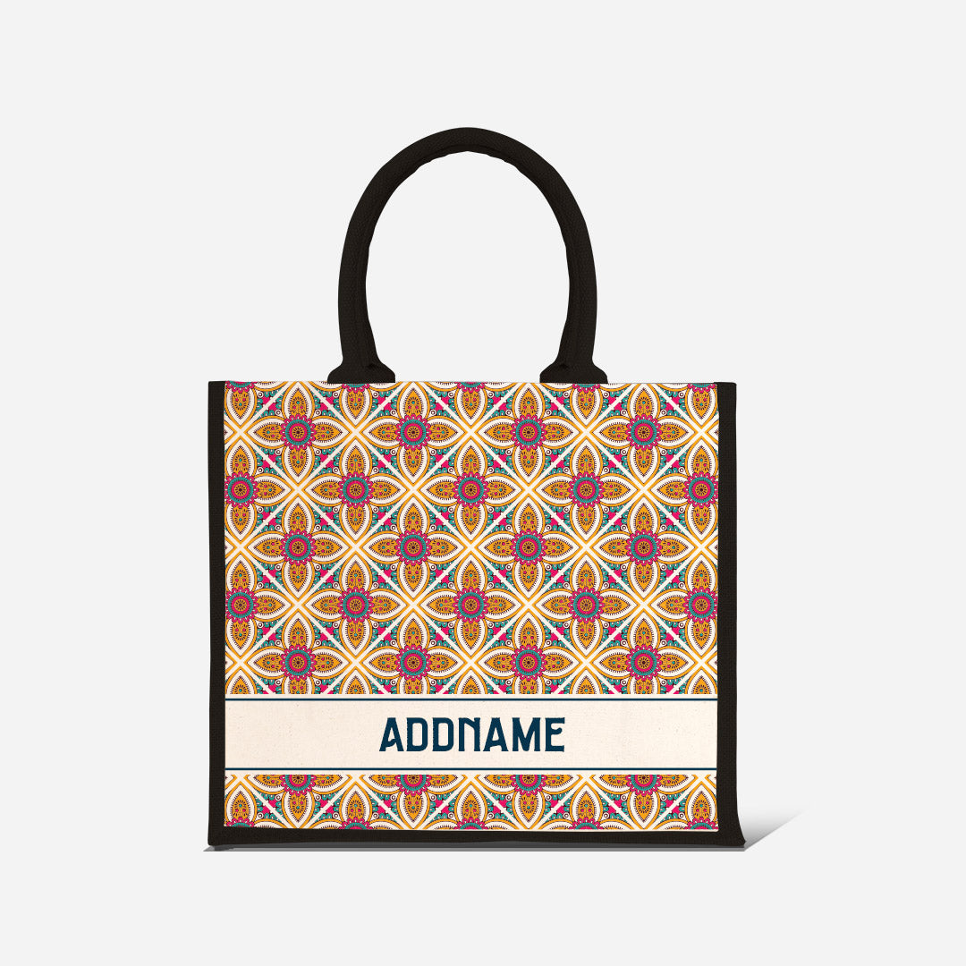 Pookal Series Half Lining Jute Bag - Vibrant Tiles Black