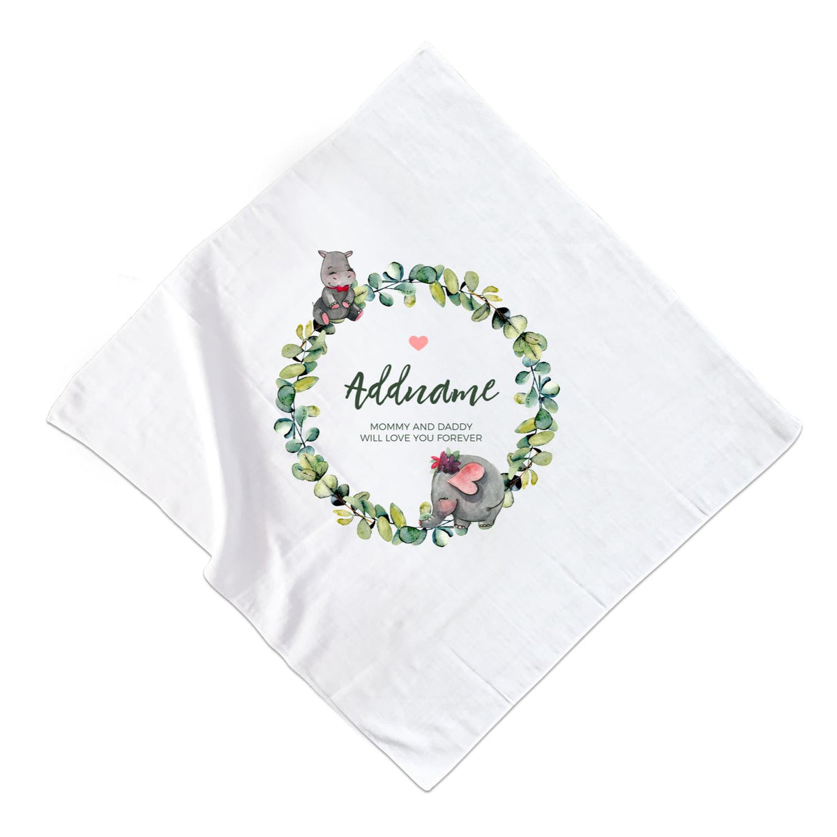 Watercolour Hippo and Elephant Leaf Wreath Personalizable with Name and Text Muslin Square