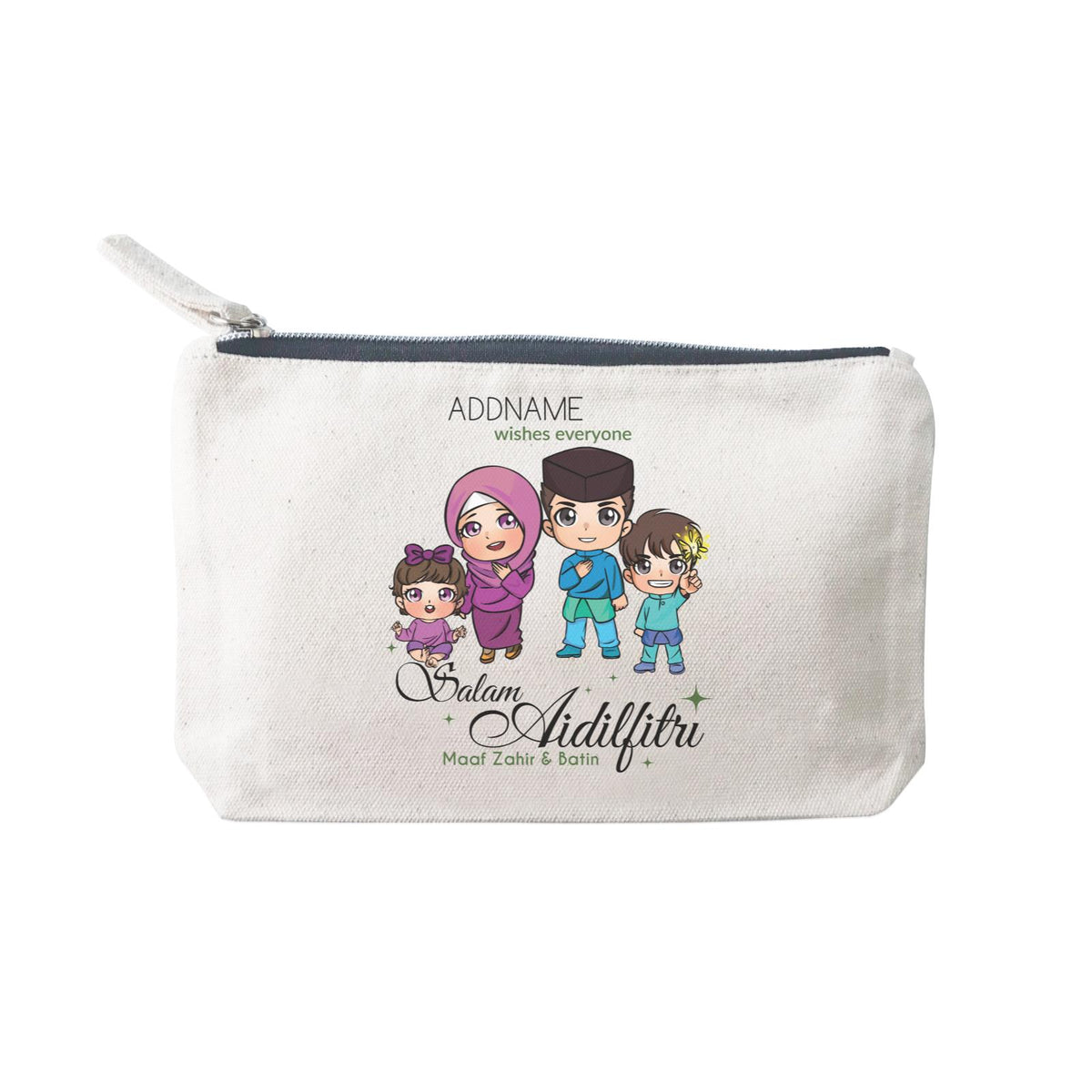 Raya Chibi Family Boy And Baby Girl Addname Wishes Everyone Salam Aidilfitri Maaf Zahir & Batin Mini Accessories Stationery Pouch 2