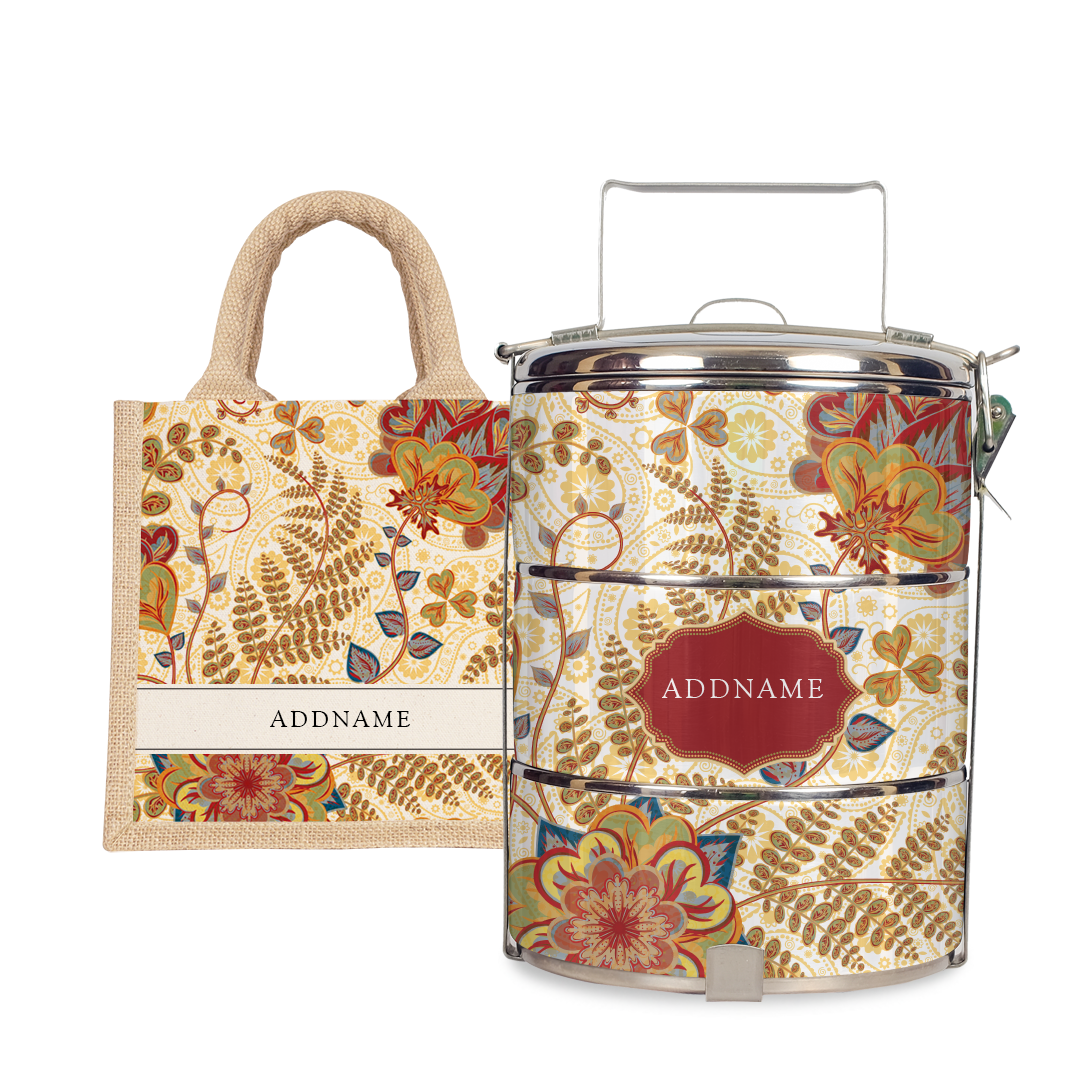 Batik Mawar - Lunch Tote Bag with Three-Tier Tiffin Carrier