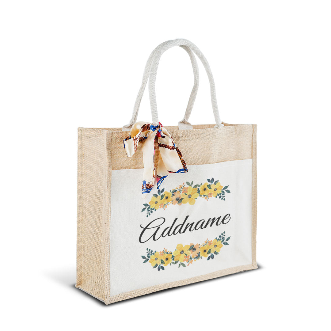 Yellow Windflower Jute Bag with Front Pocket