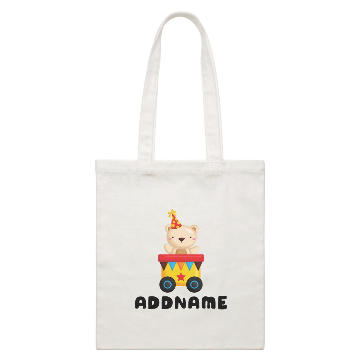 Birthday Fun Train Bear Wearing Party Hat Addname White Canvas Bag