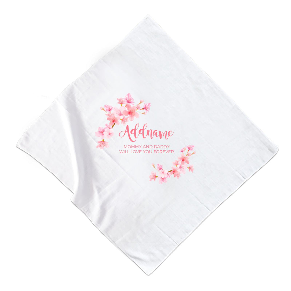 Pink Flower Frame Personalisable with Name and Text Muslin Square