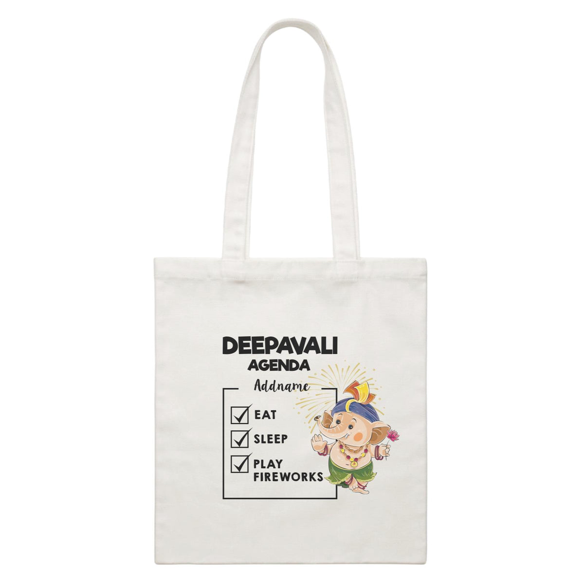 Cute Ganesha Fireworks Addname Deepavali Agenda White Canvas Bag