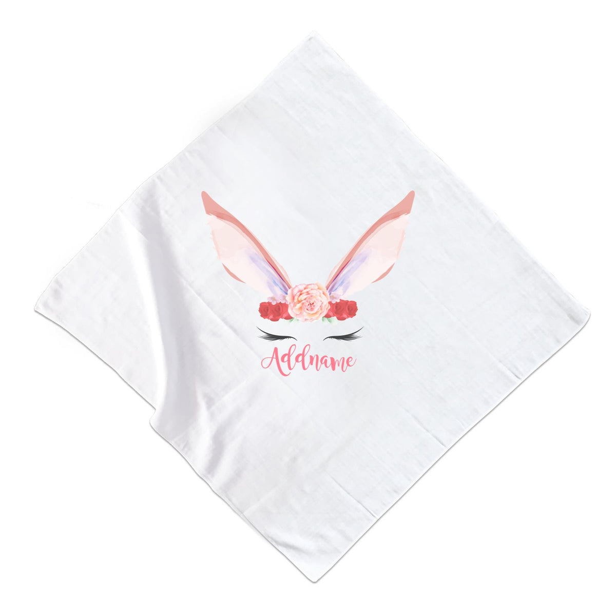 Pink and Red Roses Garland Bunny Face Addname Muslin Square