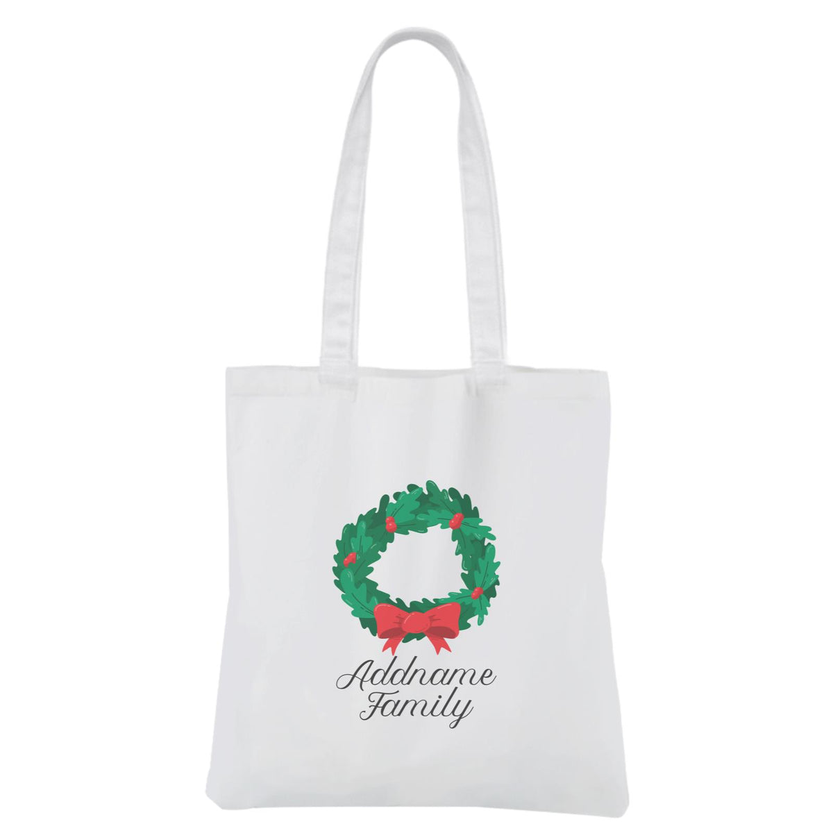 Christmas Series Wreath with Ribbon Addname Family White Canvas Bag