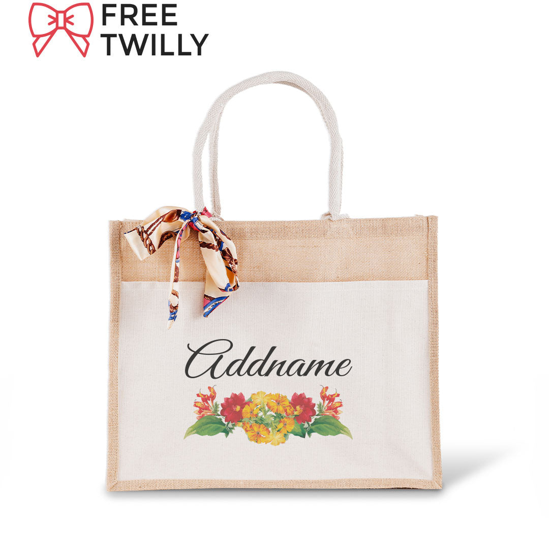 Retro Rose Bouquet Jute Bag with Front Pocket