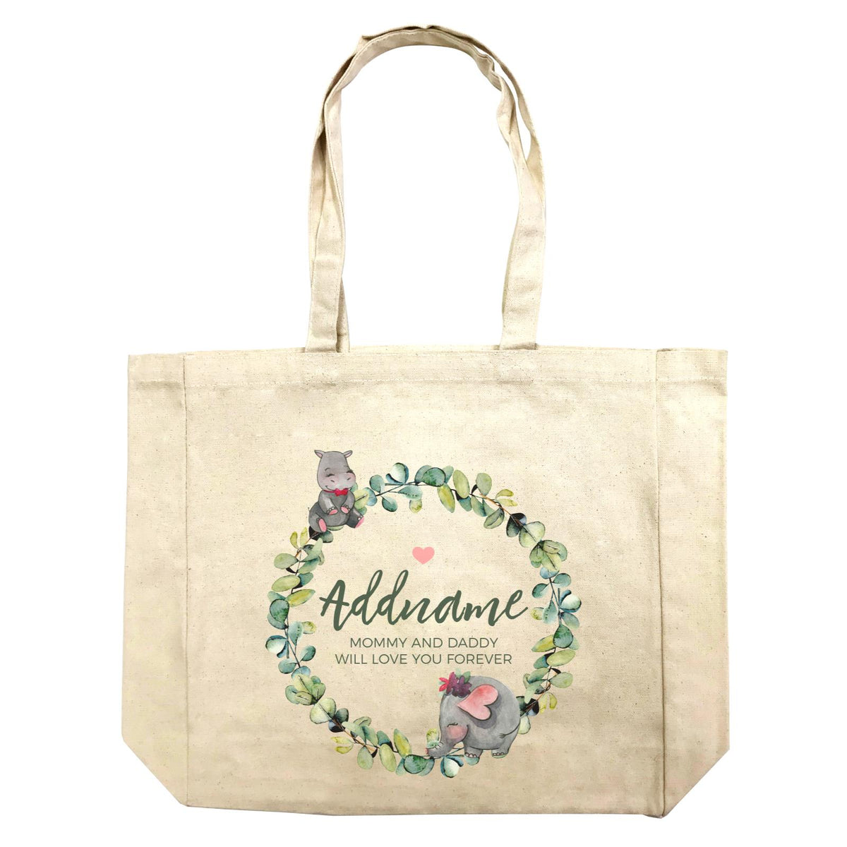 Watercolour Hippo and Elephant Leaf Wreath Personalizable with Name and Text Shopping Bag