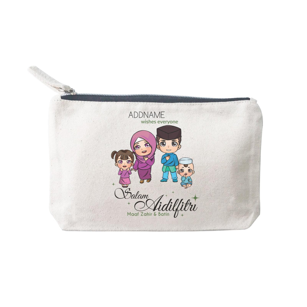 Raya Chibi Family Girl And Baby Boy Addname Wishes Everyone Salam Aidilfitri Maaf Zahir & Batin Mini Accessories Stationery Pouch 2