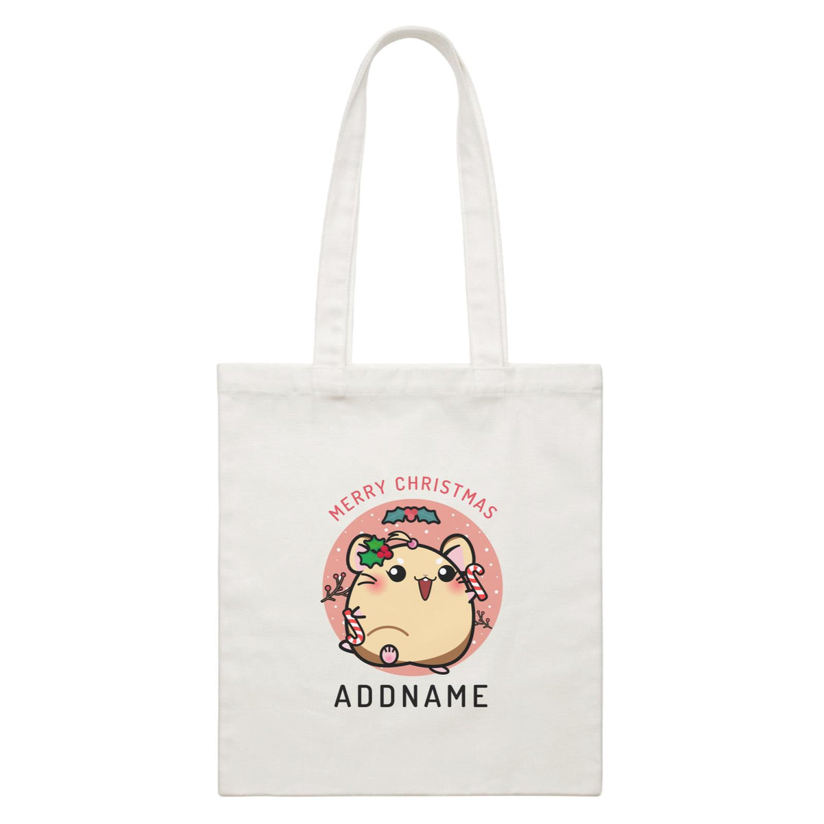 Merry Christmas Cute Santa Mistletoe Girl Hamster with Candy Cane White Canvas Bag