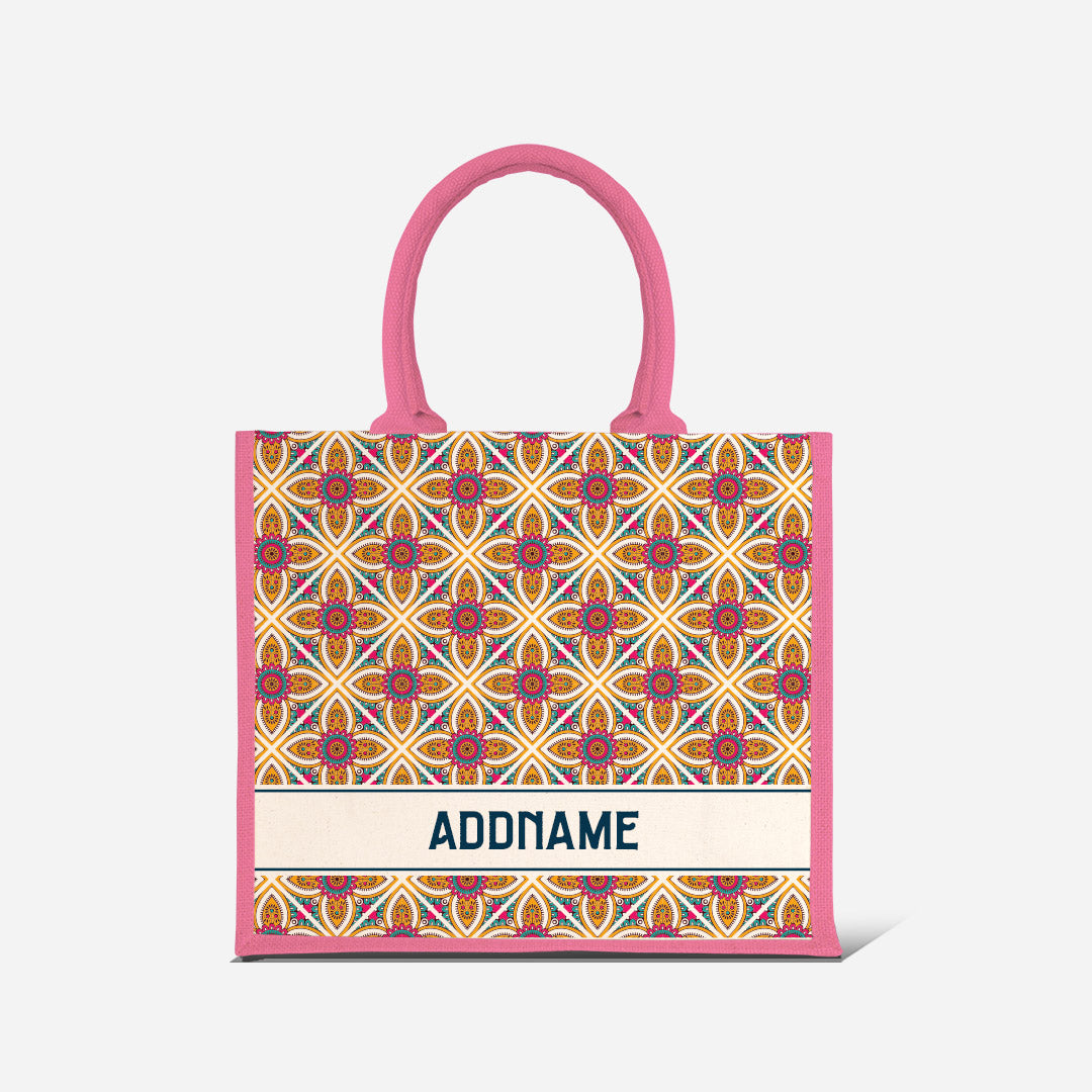 Pookal Series Half Lining Jute Bag - Vibrant Tiles Light Pink