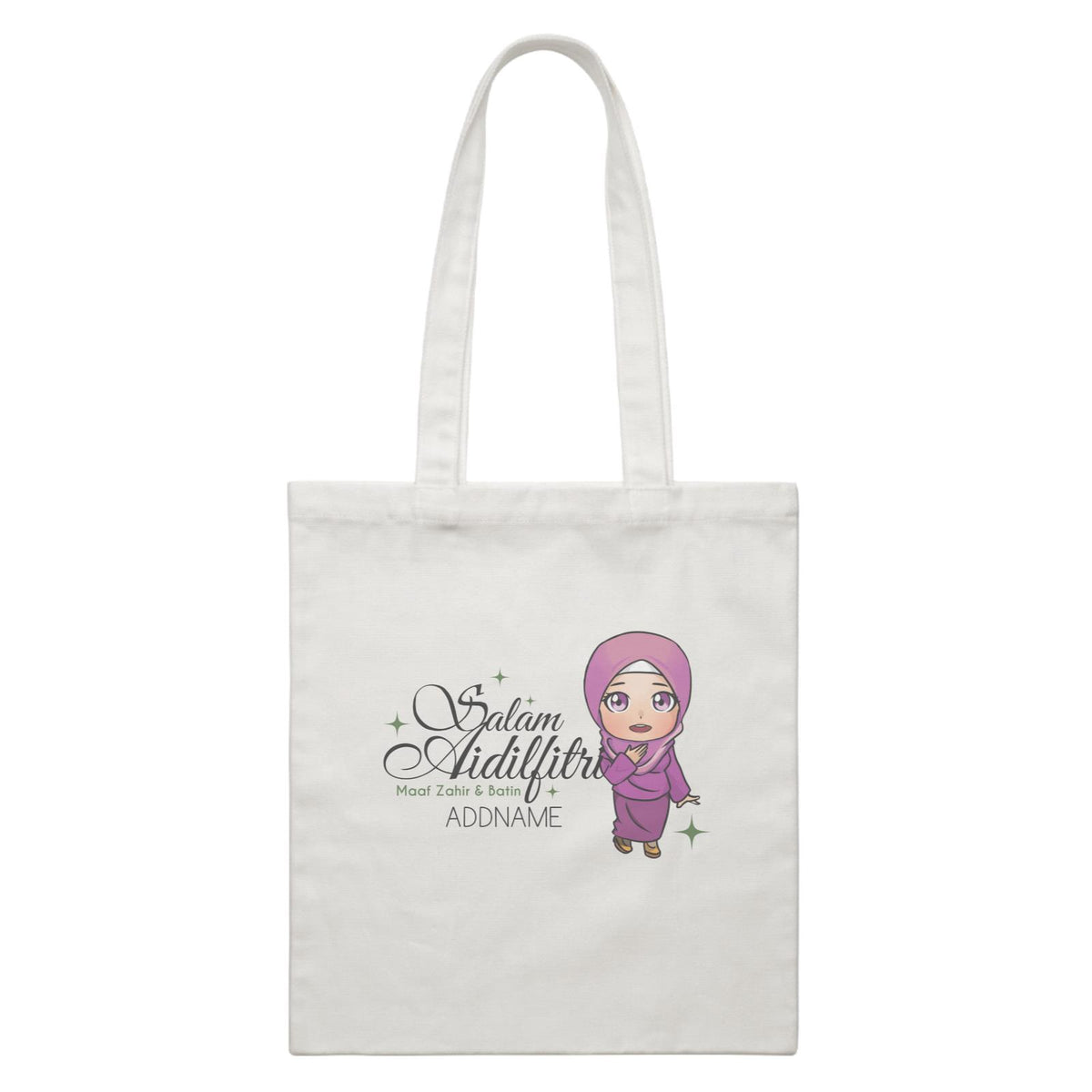 Raya Chibi Wishes Woman Addname Wishes Everyone Salam Aidilfitri Maaf Zahir & Batin White Canvas Bag