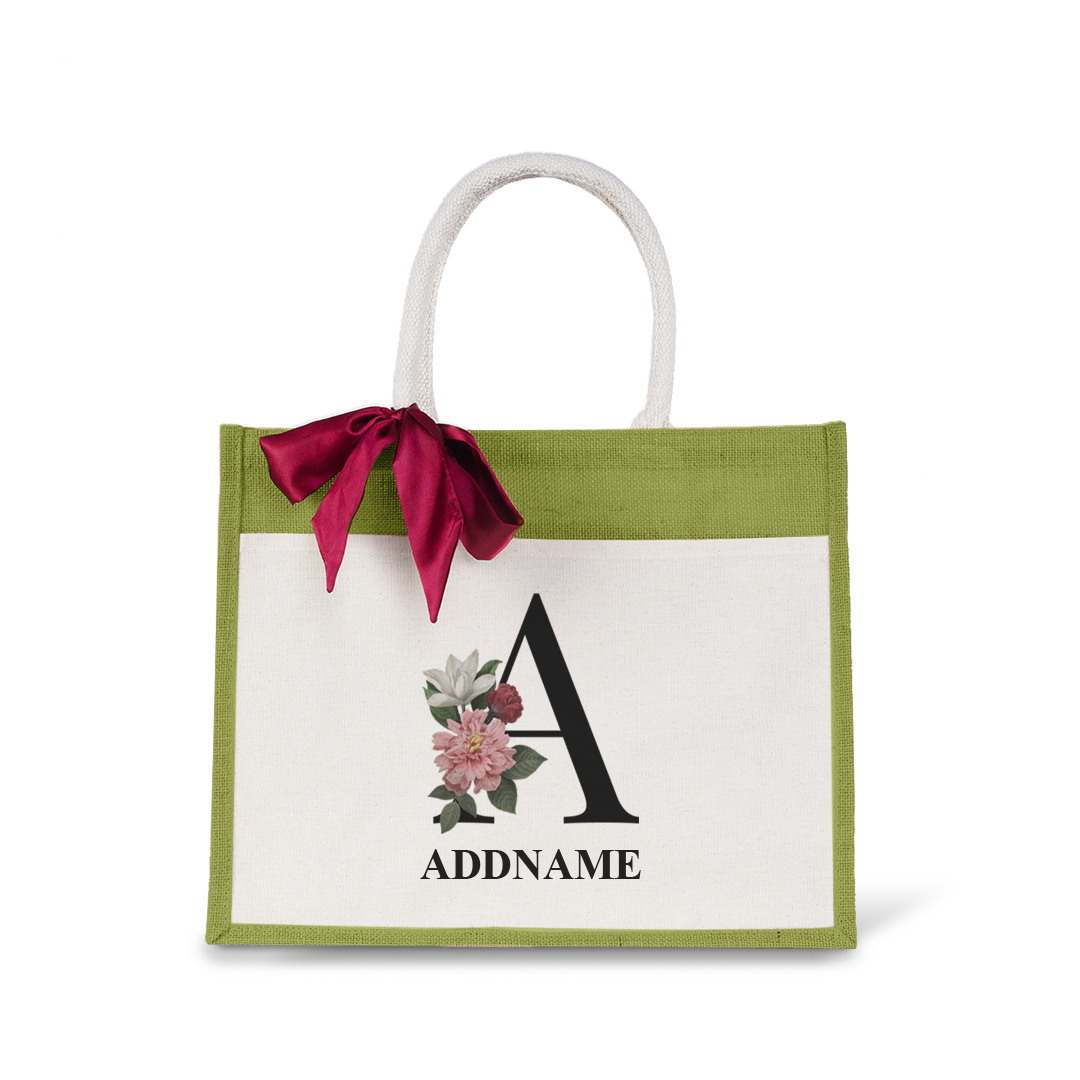 Myra Floral Series Olive Green Jute Bag with Front Pocket