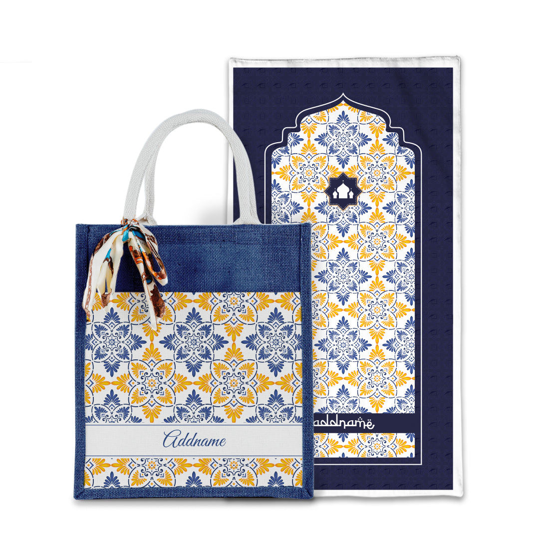 Arabesque Butter Blue Sejadah with Matching Colourful Jute Bag
