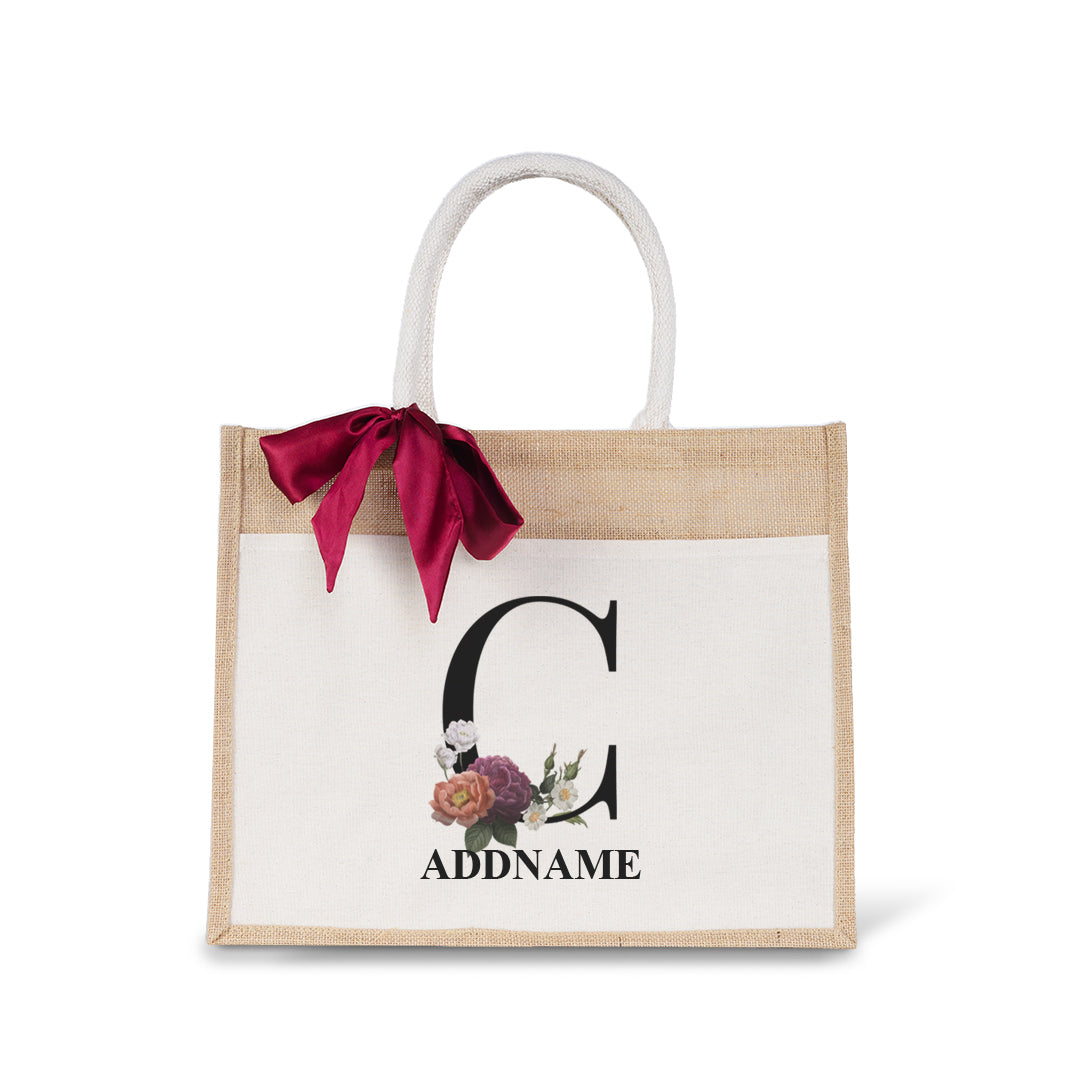 Myra Floral Series Natural Jute Bag with Front Pocket